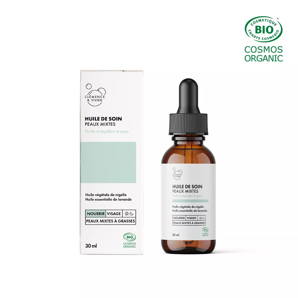 Huile de soin peaux mixtes Clémence & Vivien – flacon pipette 30 ml avec son étui certifié bio COSMOS Organic.