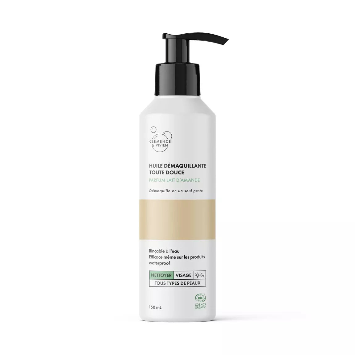 Huile démaquillante toute douce Clémence & Vivien au lait d’amande – flacon 150 ml, cosmétique bio et vegan.