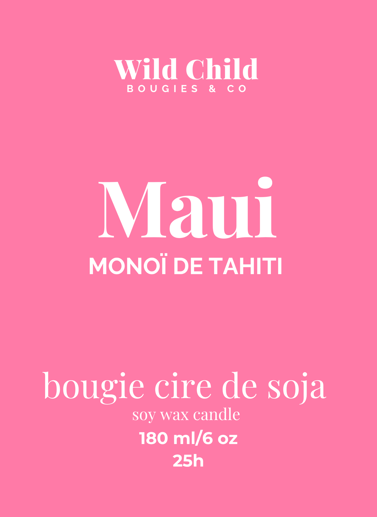 Étiquette rose de la bougie Maui parfum Monoï.