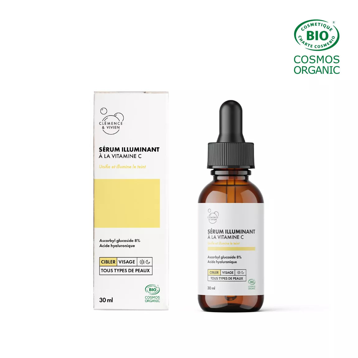  Flacon compte-gouttes du Sérum illuminant à la vitamine C Clémence & Vivien, présenté avec son étui blanc et jaune, certifié bio Cosmos Organic.