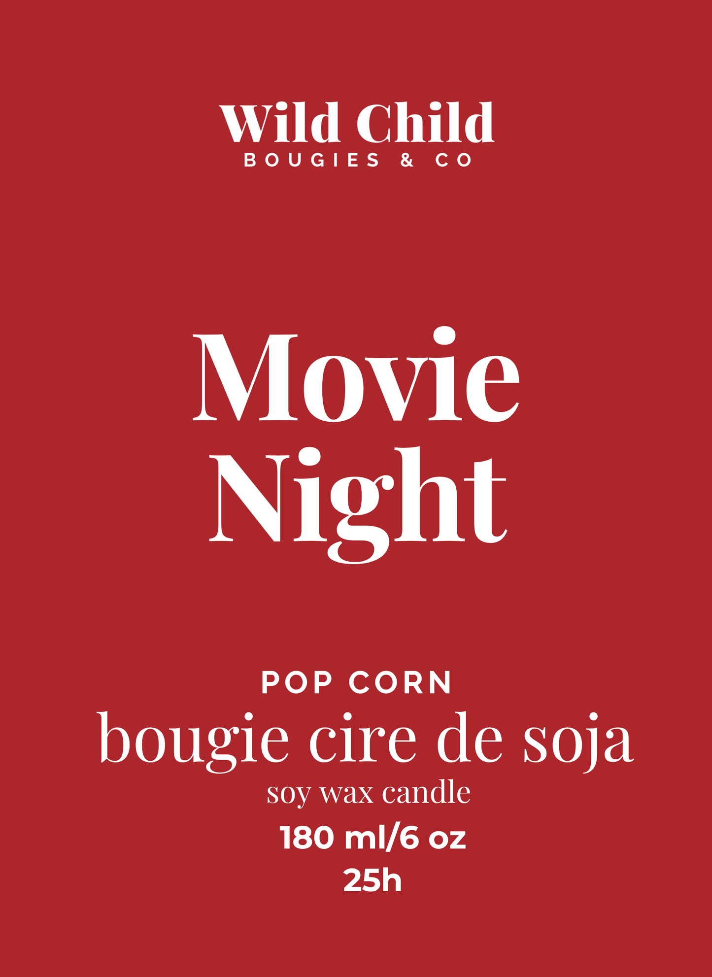“Visuel étiquette de la bougie Movie Night Pop Corn, fond rouge et typographie blanche, bougie en cire de soja 180 ml.”