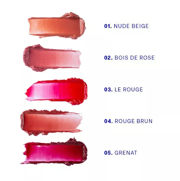 Nuancier des cinq teintes du baume lèvres et joues La Crique : 01 Nude Beige, 02 Bois de Rose, 03 Le Rouge, 04 Rouge Brun et 05 Grenat, présentées sous forme de swatches colorés.