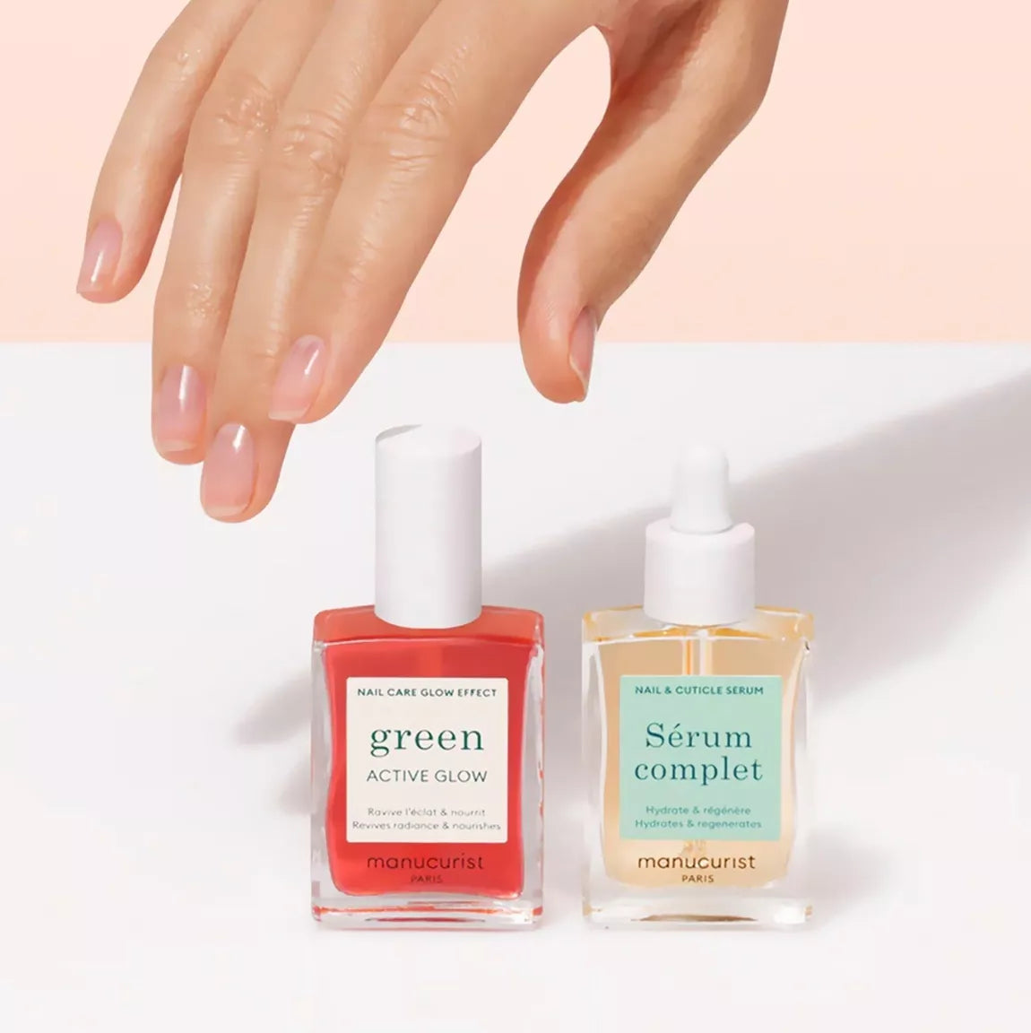 Routine manucure Manucurist avec le soin Green Active Glow et le Sérum Complet pour nourrir et renforcer les ongles.