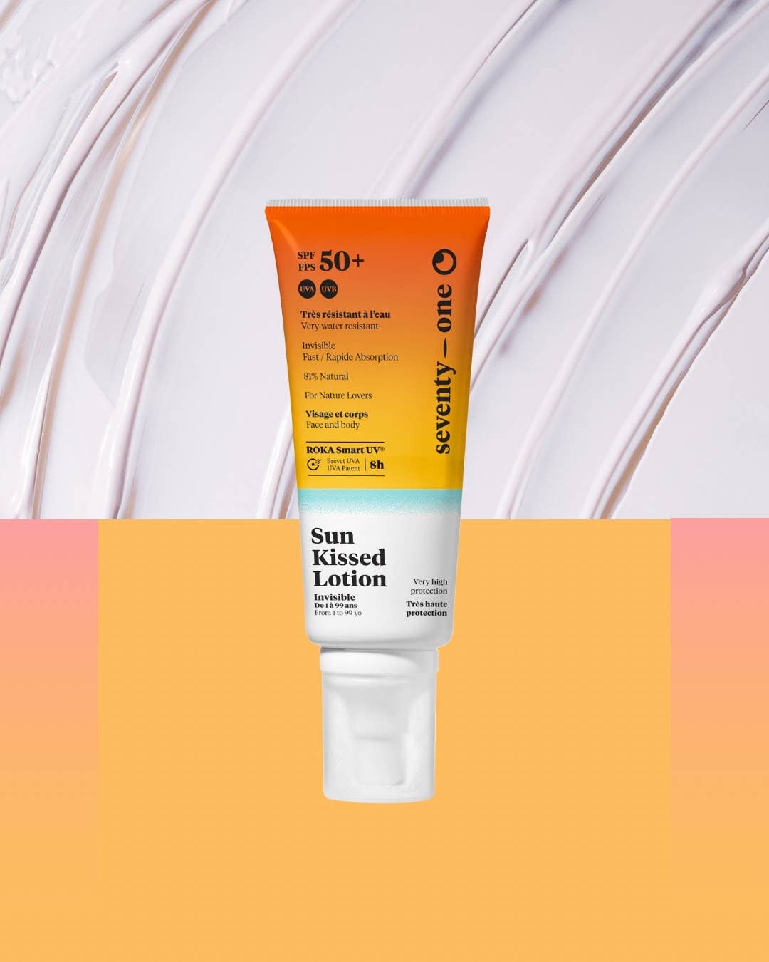 Lait Solaire Visage SPF50+ Seventy-One présenté sur un fond lumineux évoquant l’été, offrant une très haute protection solaire pour le visage.
