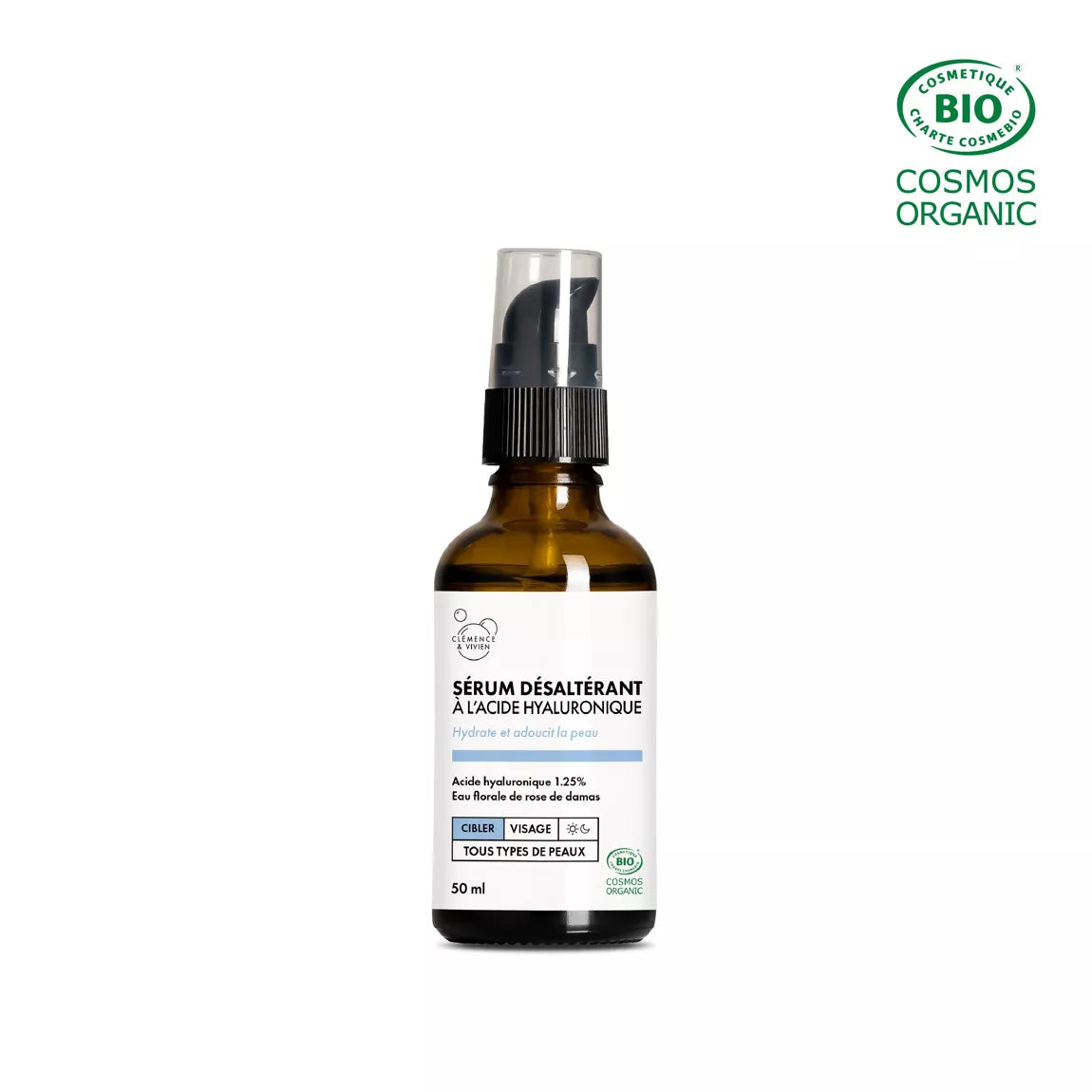 Flacon en verre brun de 50 ml de Sérum désaltérant Clémence & Vivien à l’acide hyaluronique, présenté sur fond blanc avec logo bio Cosmos Organic.