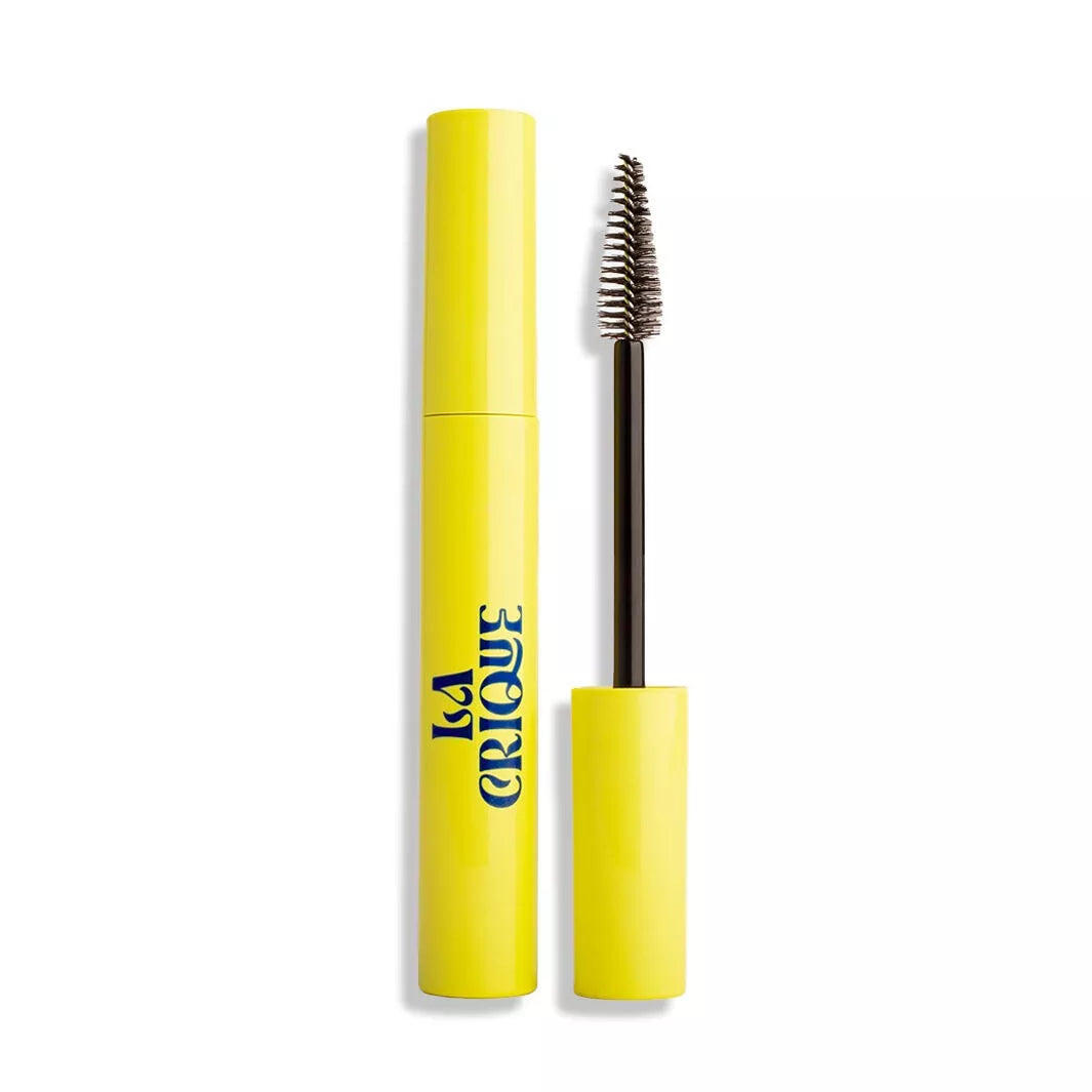 Mascara Volume Noir La Crique, packaging jaune lumineux avec brosse précision.