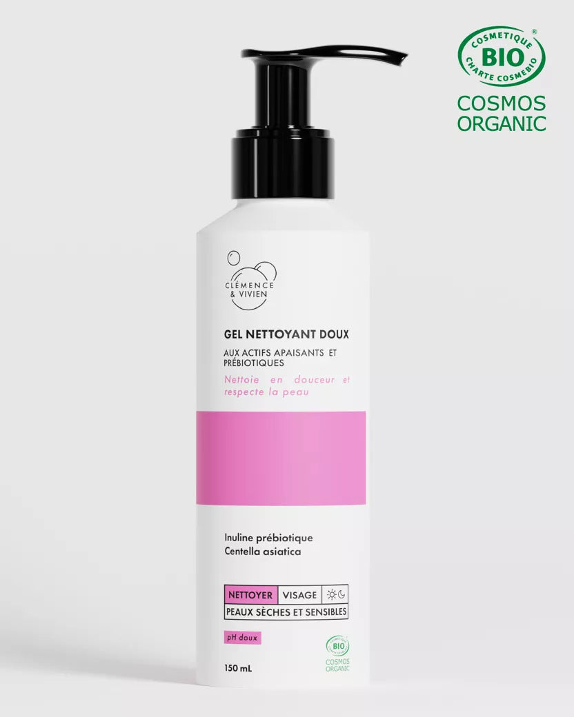 Flacon de Gel Nettoyant Doux Clémence & Vivien certifié bio COSMOS Organic, destiné aux peaux sèches et sensibles.