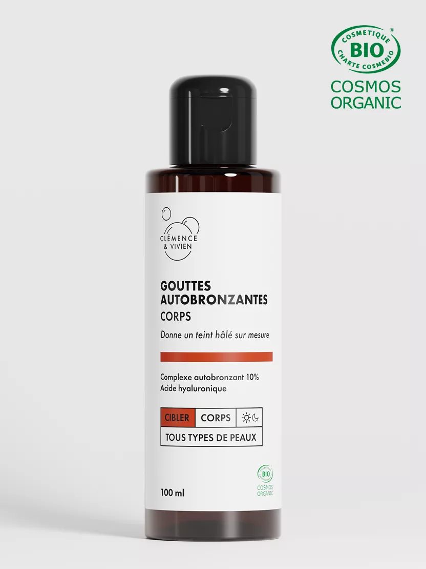 Flacon de Gouttes Autobronzantes Corps Clémence & Vivien certifié COSMOS Organic pour un teint hâlé sur mesure.