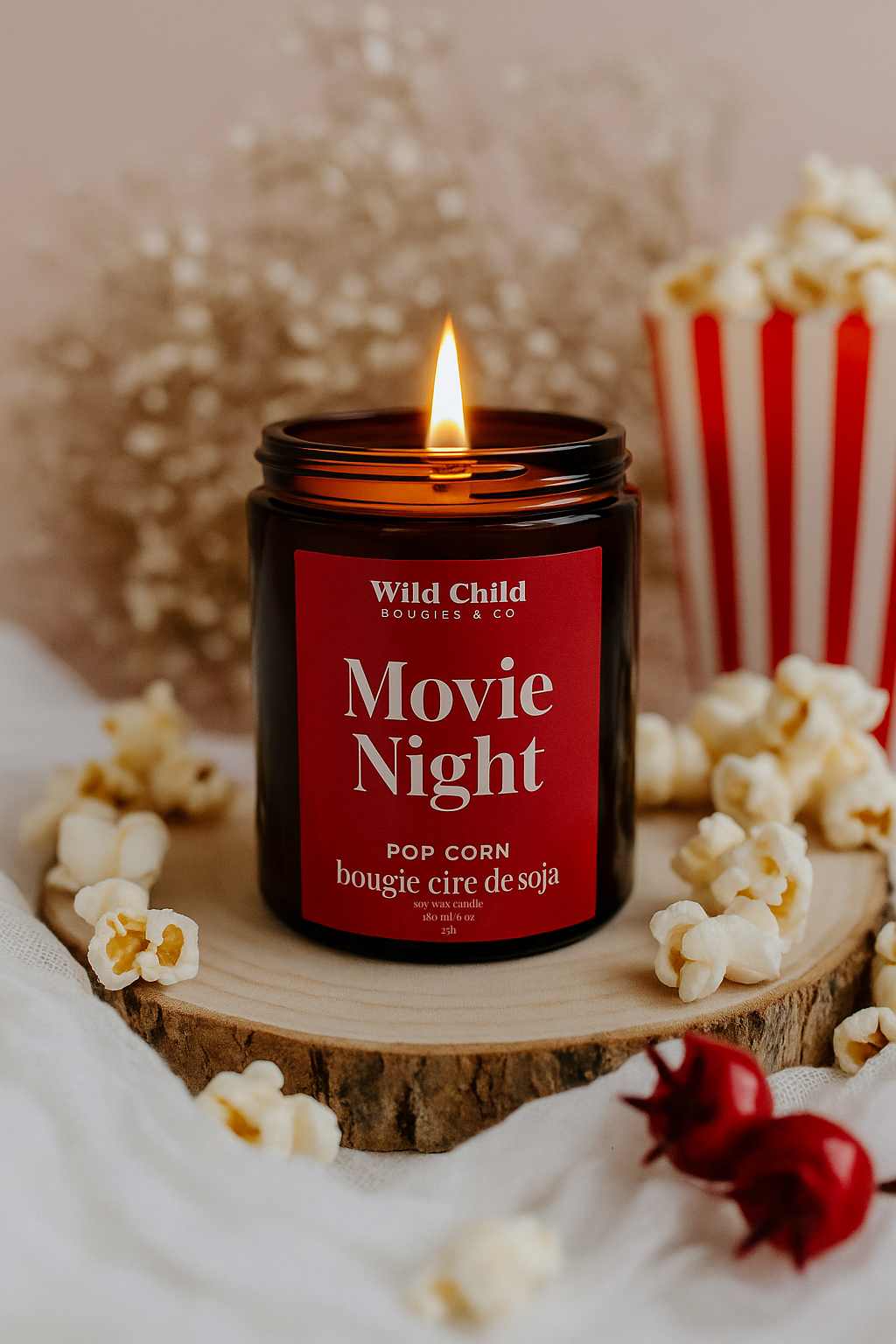 “Bougie Movie Night parfum Pop Corn allumée, posée sur un support en bois avec des grains de pop-corn autour, ambiance chaleureuse et cocooning.”