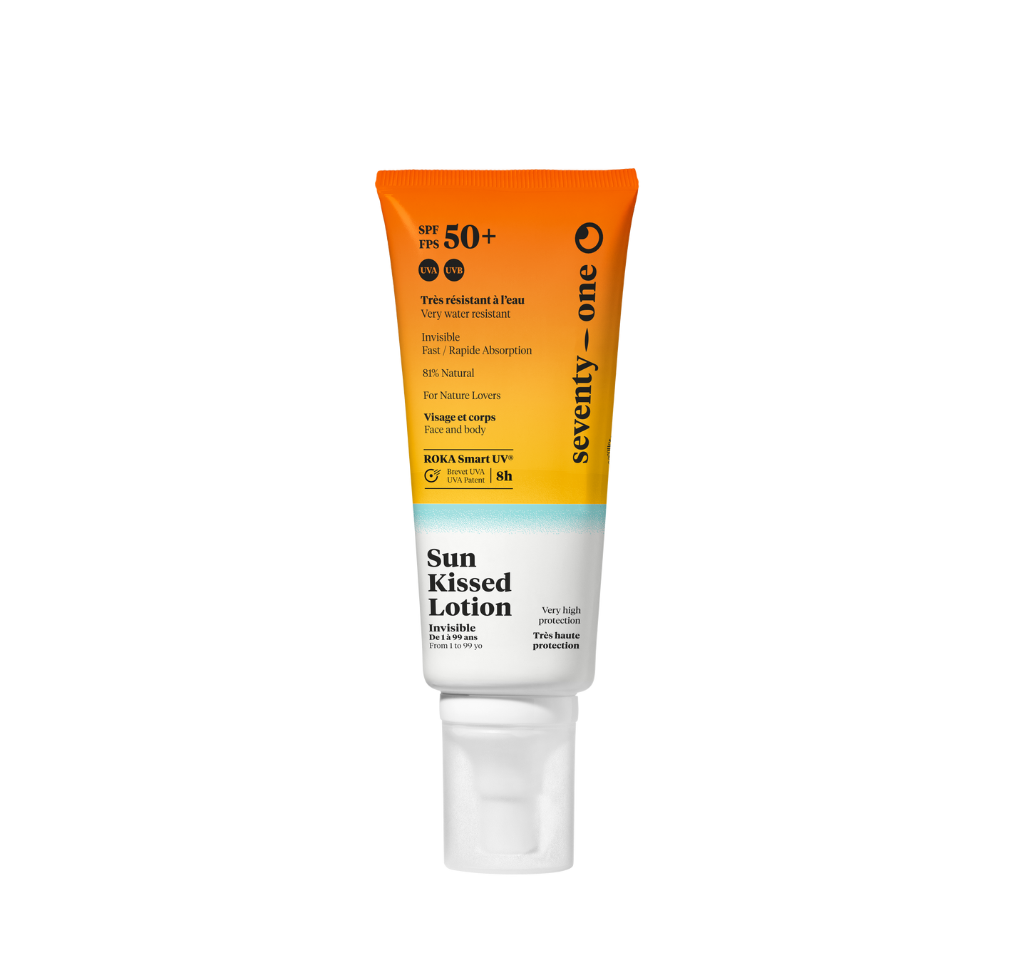 Tube de Lait Solaire Visage SPF50+ Seventy-One sur fond blanc, protection solaire visage adaptée à tous les types de peau.