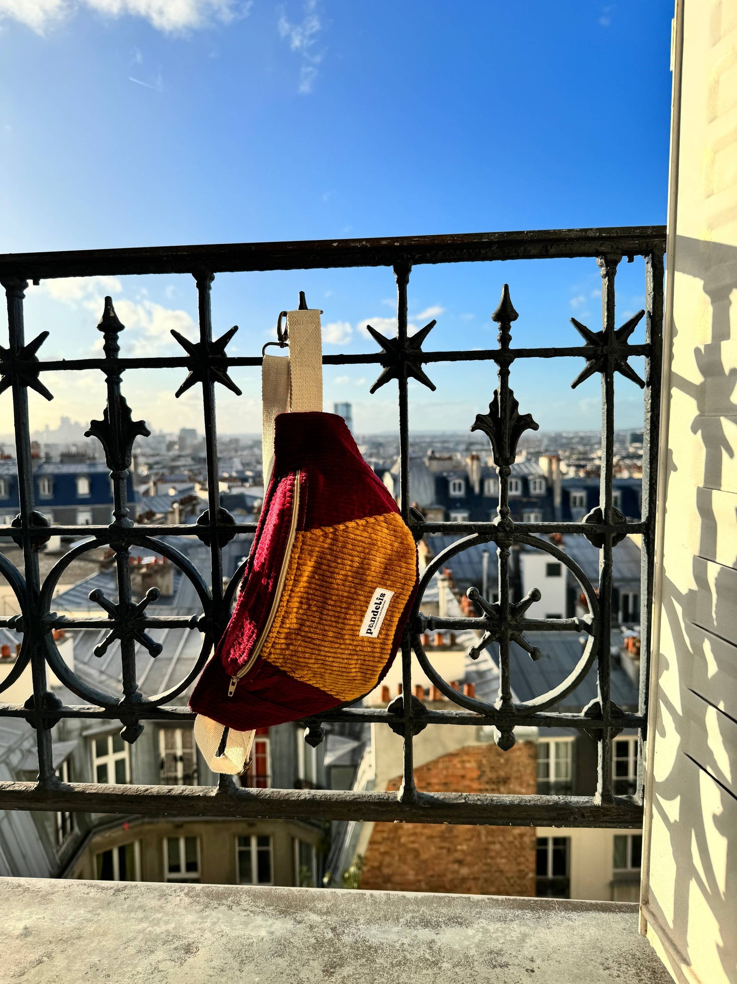 Banane en velours côtelé bicolore bordeaux et moutarde Pandelis suspendue à un balcon parisien avec vue sur les toits, ambiance lumineuse et urbaine.