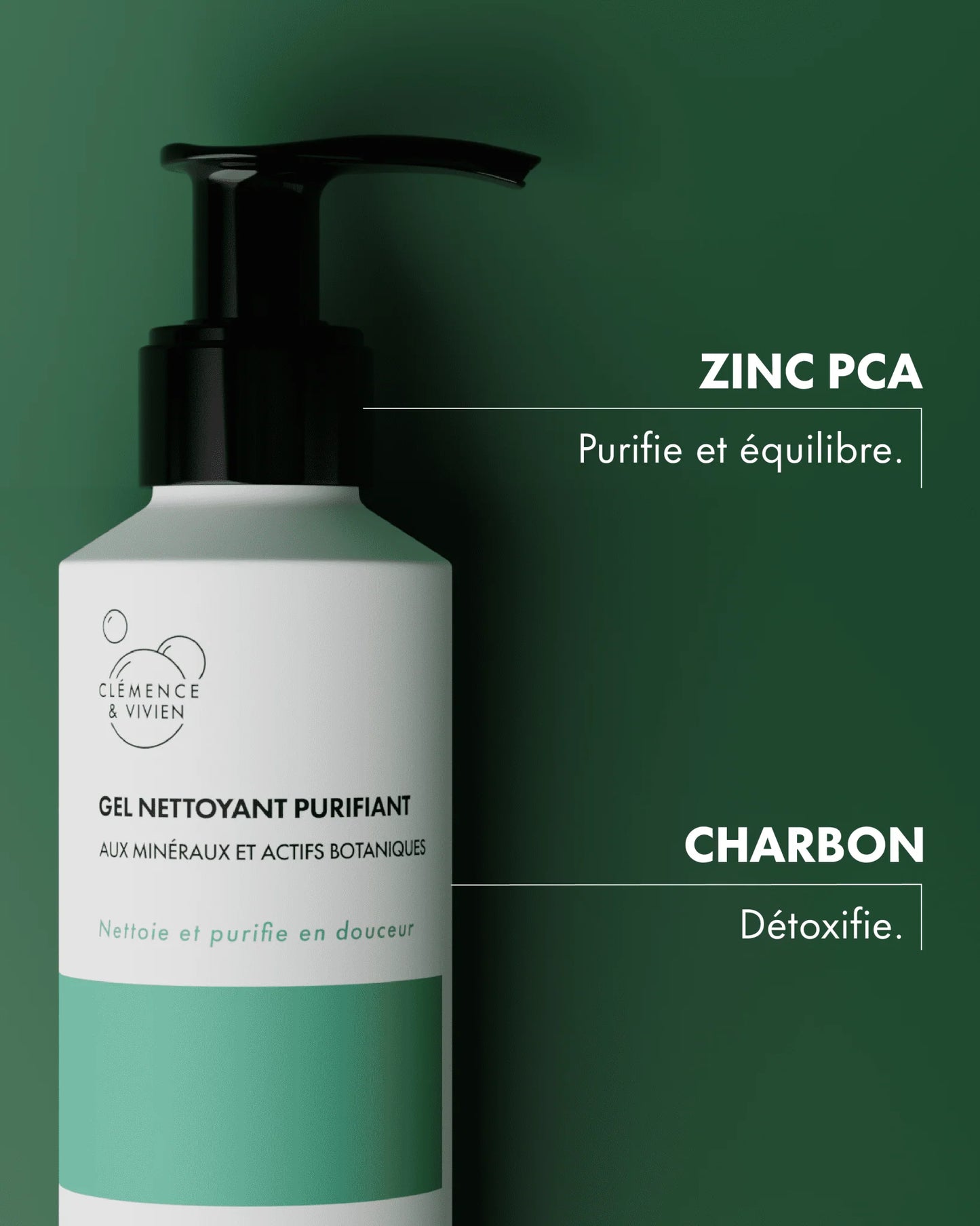 oom sur le Gel Nettoyant Purifiant Clémence & Vivien mettant en avant le zinc PCA purifiant et le charbon végétal détoxifiant, des actifs reconnus pour aider à équilibrer les peaux mixtes à grasses et à réduire les impuretés.