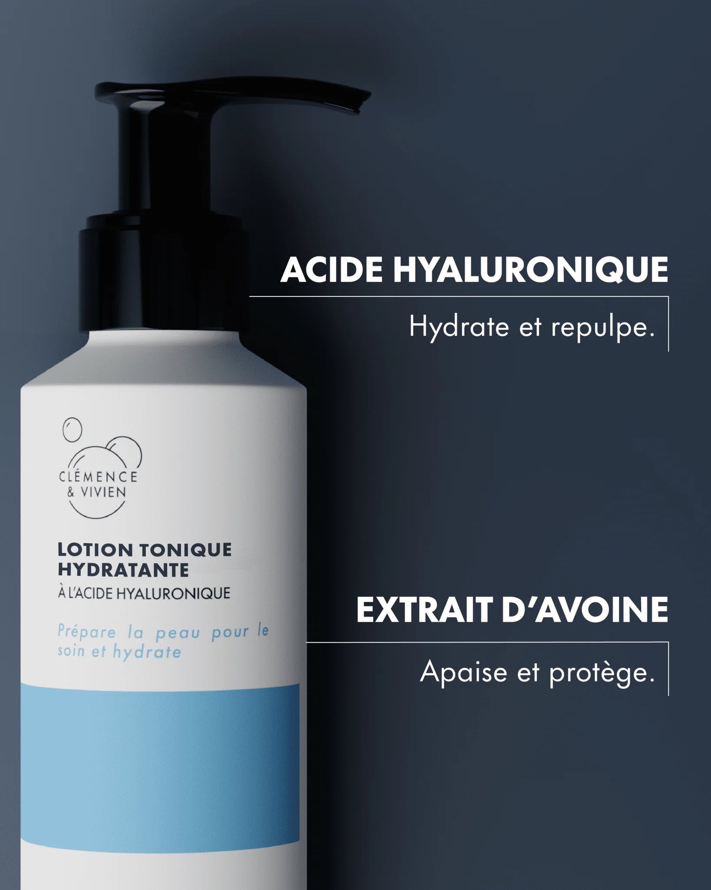 Lotion tonique hydratante Clémence & Vivien enrichie en acide hyaluronique et extrait d’avoine apaisant.