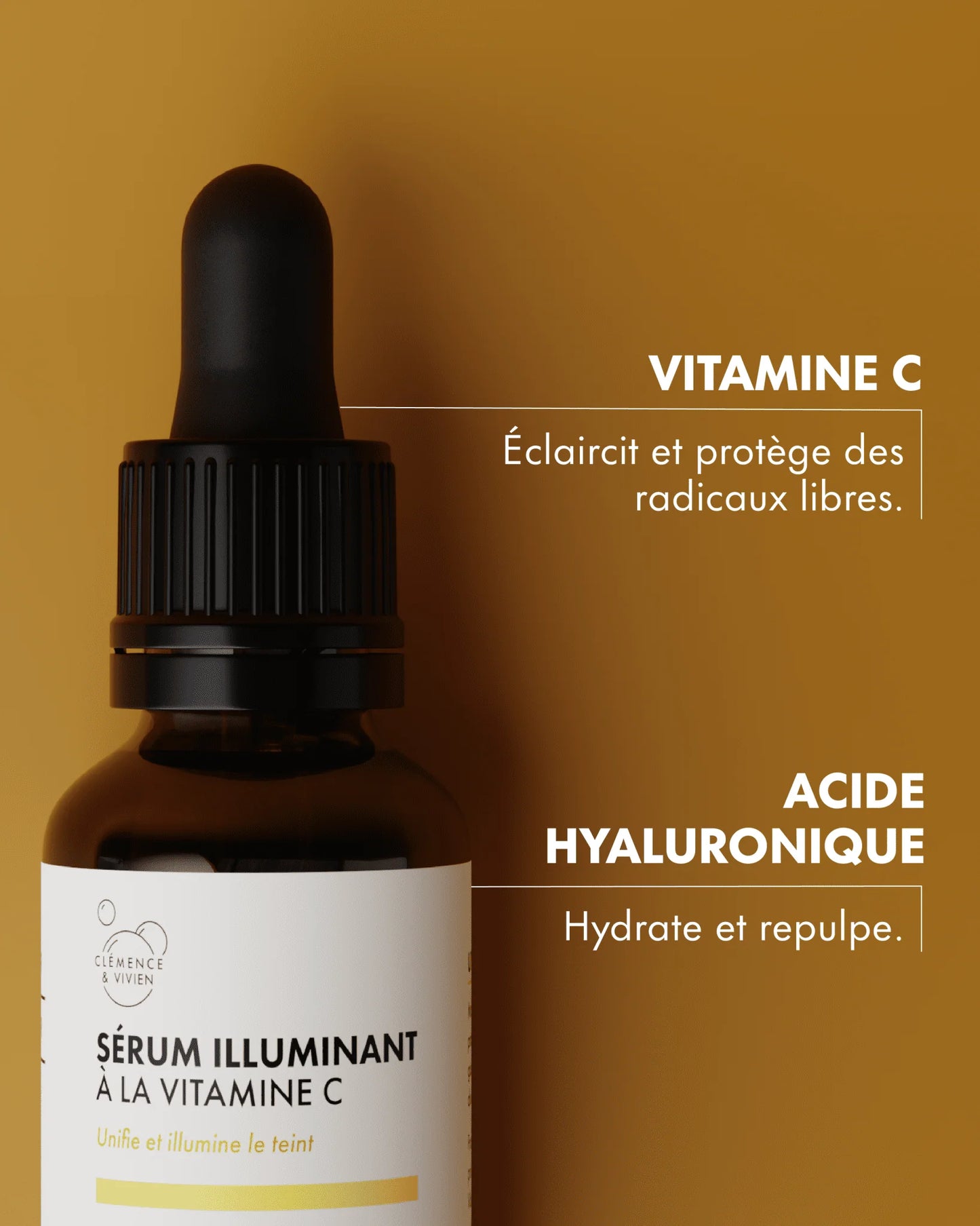 Zoom sur le Sérum Illuminant à la Vitamine C Clémence & Vivien mettant en avant la vitamine C et l’acide hyaluronique, deux actifs reconnus pour illuminer et hydrater la peau.